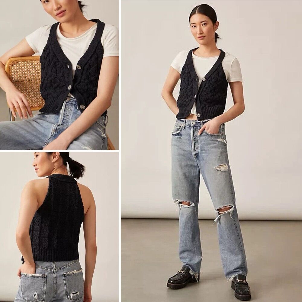 Anthropologie Pilcro Sweater Black Cable-Knit Tank Button Front M